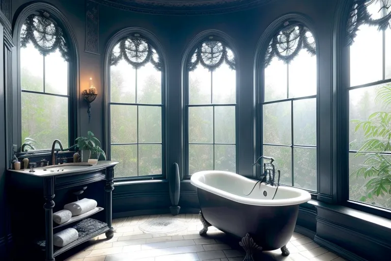 The image is a 3D rendering of a bathroom. The bathroom is decorated in a dark, Gothic style. The walls are paneled with dark wood, and the floor is tiled with black and white marble. There is a large, claw-foot bathtub in the center of the room, and a vanity with a sink and mirror on one side. The windows are tall and arched, and they are covered in cobwebs. There is a forest scene with a slight fog outside the windows. The overall effect is one of gloom and mystery.