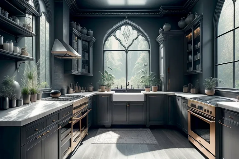 Gambar ini adalah dapur yang gelap dan suram dengan lemari hitam, peralatan stainless steel, dan jendela besar. Ada tanaman di atas meja dan karpet di lantai. Wastafel terletak di depan jendela. Ada kompor besar di sisi kanan dapur. Countertop berwarna putih dan dinding berwarna abu-abu gelap. Lampu penerangan berwarna emas.