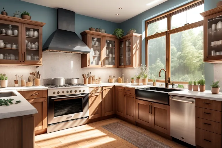 Gambar ini menunjukkan dapur modern dengan lemari kayu coklat, jendela besar, dan bak cuci stainless steel. Countertop berwarna putih dan dinding berwarna biru. Ada kompor besar dengan hood stainless steel dan mesin cuci piring. Dapur ini terang dan memiliki suasana yang hangat dan menarik. Ada beberapa tanaman di atas countertop dan di bawah jendela. Ada karpet abu-abu di lantai.