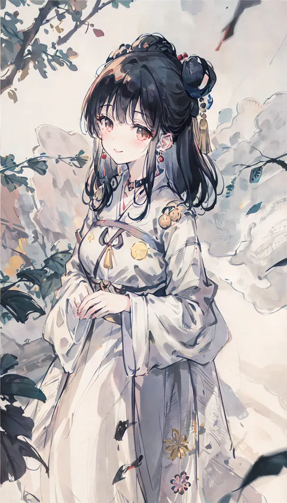 The image is a painting of a young woman in a white dress with long black hair. She is standing in a forest, surrounded by trees and flowers. The woman is smiling and has her eyes closed. She is wearing a traditional Chinese dress with a white and yellow outer robe and a red inner robe. The dress has intricate detailing and is tied with a sash at the waist. The woman's hair is long and black, and she is wearing a red hairpin. She is also wearing earrings and a necklace. The background of the painting is a forest with green trees and pink flowers. The painting is done in a realistic style and the colors are vibrant and bright.