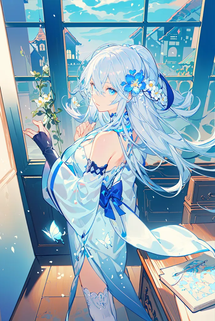 L'image est une peinture d'une belle jeune fille d'anime aux longs cheveux blancs et aux yeux bleus. Elle porte un kimono blanc avec une écharpe bleue et a un papillon bleu dans ses cheveux. Elle se tient devant une fenêtre ouverte sur une vue de paysage urbain. La peinture est réalisée dans un style réaliste et les couleurs sont vives et réalistes.