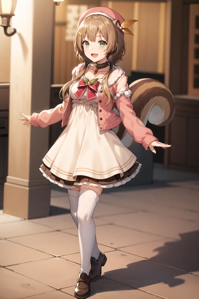 The image shows an anime-style girl with brown hair and green eyes. She is wearing a white and pink dress with a brown jacket. She also has a brown squirrel-like tail and ears. She is standing in a room with a tiled floor and there is a column to her right.