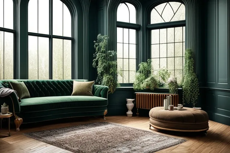 The image is a living room with a large green velvet sofa, a brown rug, and several plants. The room has dark green walls and arched windows. There is a brown ottoman in the center of the room with a tray on top of it. There are also two small tables next to the sofa with lamps on them. The floor is hardwood.