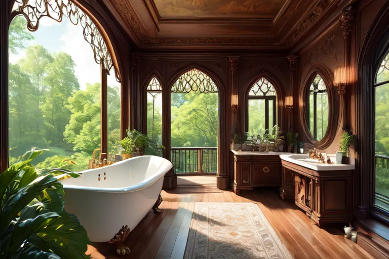 The image is a bathroom with a large window. The window is divided into three sections by two wooden columns. The columns are carved with intricate designs. The window overlooks a forest. The bathroom has a large bathtub, two sinks, and a toilet. The bathtub is made of white marble and has a gold faucet. The sinks are made of the same marble and have gold faucets. The toilet is made of wood and has a gold seat. The floor is made of wood and has a large rug in the center. The walls are made of wood and have intricate carvings. The ceiling is made of wood and has a large painting in the center.