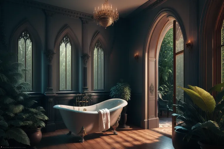 The image is a dark and moody bathroom with a large, claw-foot bathtub in the center. The bathtub is made of white marble and has a silver faucet. The floor is made of dark wood and there are several potted plants in the room. There is a large window in the background that looks out onto a lush garden. The window is framed by two sets of dark curtains. There is a chandelier hanging from the ceiling and there are two sconces on the walls. The sconces are made of black metal and have a candle-like design.