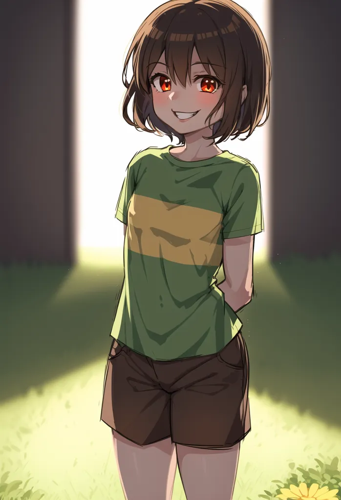 Esta é uma imagem de uma menina jovem com olhos vermelhos e cabelos castanhos. Ela está usando uma camisa listrada de verde e amarelo e shorts marrons. Ela está em pé em um campo de flores amarelas e há uma luz brilhante atrás dela. A menina tem uma expressão feliz no rosto.