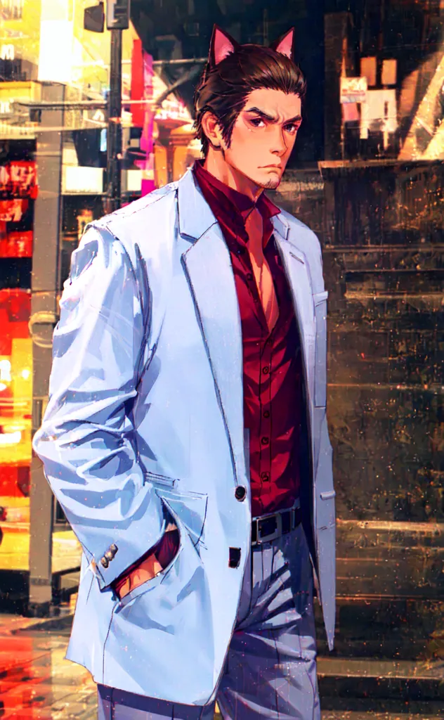 The image shows a man with short brown hair and cat ears wearing a white suit jacket, red shirt, and dark pants. He has one hand in his pants pocket and the other holding his jacket closed. He is standing in front of a busy street with city lights and buildings in the background.