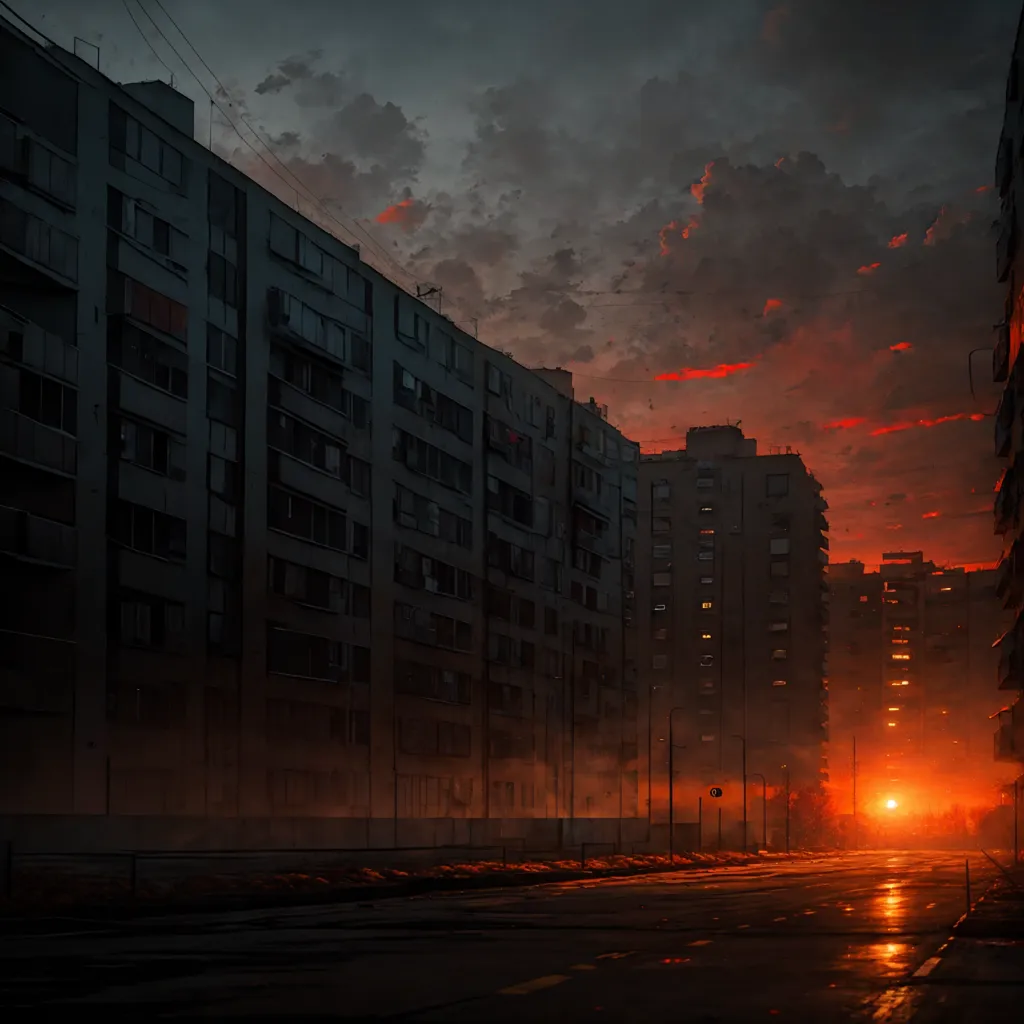 L'image est un paysage urbain sombre et morose. Le ciel est d'un orange profond et les nuages sont épais et lourds. Les bâtiments sont grands et imposants, et les rues sont vides. Il y a un sentiment de menace dans l'air.

L'image rappelle le travail d'Edward Hopper, connu pour ses peintures de scènes urbaines solitaires. Les peintures de Hopper sont souvent caractérisées par un sentiment d'isolement et d'aliénation, et cette image n'y fait pas exception. Les personnages de l'image sont tous seuls et semblent perdus dans leurs propres pensées. L'image est un puissant rappel de la solitude que l'on peut trouver dans les villes modernes.