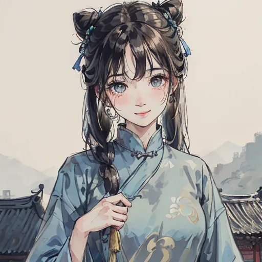 The image shows a young woman with long black hair and blue eyes. She is wearing a blue cheongsam with a white collar and white trim on the sleeves. The cheongsam is decorated with blue and white floral embroidery. She is also wearing a white apron. The background of the image is a Chinese landscape with mountains, trees, and a river. The image is drawn in a realistic style and the colors are vibrant and bright.