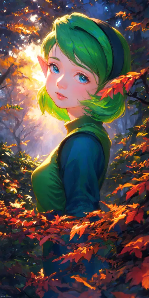 The image is of a young woman with green hair and blue eyes. She is wearing a green tunic and there are leaves in her hair. She is standing in a forest and there are trees all around her. The leaves on the trees are turning red and orange. There is sunlight shining through the trees. The woman is looking at the viewer with a serene expression on her face.