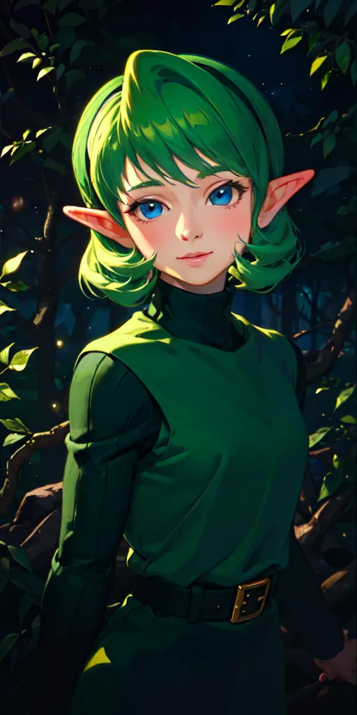 This image shows a young woman with green hair and blue eyes. She is wearing a green tunic and a brown belt. She has pointy ears and a determined expression on her face. She is standing in a forest, and there are leaves and branches all around her.