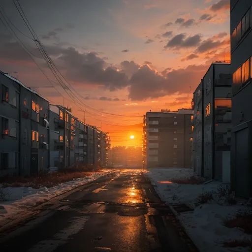 A imagem é uma rua longa e estreita em uma cidade. A rua é ladeada por altos edifícios de apartamentos, e não há pessoas visíveis. O céu está em um laranja brilhante, e o sol está se pondo. A rua está molhada, e as luzes da rua estão acesas. A imagem é tanto bela quanto estranha, e evoca um senso de nostalgia.