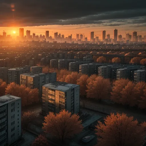 The image features a sprawling cityscape during sunset. The sky is a gradient of orange, yellow, pink, and blue, with the sun casting a golden glow over the city. There are tall buildings and apartment blocks in the background, with a few trees dotting the landscape. The buildings are mostly made of concrete and have a uniform appearance. The image has a somewhat melancholic and lonely atmosphere.