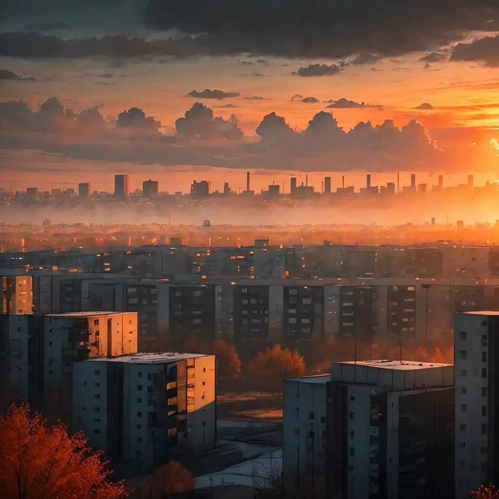 この画像は夕暮れ時の都市景観を示しています。空は色鮮やかに燃え上がり、雲は桃色、オレンジ色、黄色の色合いに染まっています。太陽は街の背後に沈みつつあり、その光線が建物に金色の輝きを投げかけています。街は高層アパートの集まりで、すべての建物が夕日の優しい光に包まれています。この情景は平和と安らぎに満ちており、自然の美しさを思い起こさせてくれます。