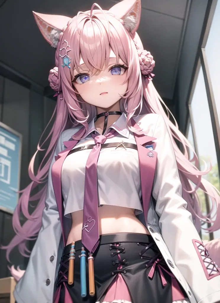 The image is of an anime-style girl with pink hair and cat ears. She is wearing a white lab coat, a pink tie, and a black skirt. She is also wearing a pair of glasses. She has a serious expression on her face. She is standing in a room with a window in the background.