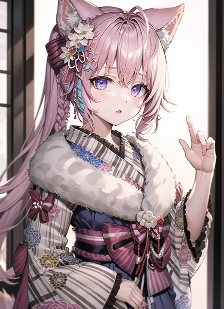 The image shows a young woman, with pink hair and cat ears, wearing a kimono with a floral pattern and a white fur collar. She has a serious expression on her face and is holding up one finger, as if to say \