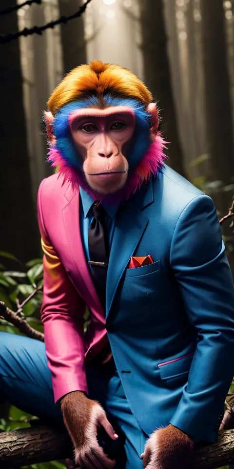 L'image montre un singe portant un costume et une cravate. Le singe est assis sur une branche d'arbre et regarde l'appareil photo. Le pelage du singe est multicolore. L'arrière-plan de l'image est une forêt.