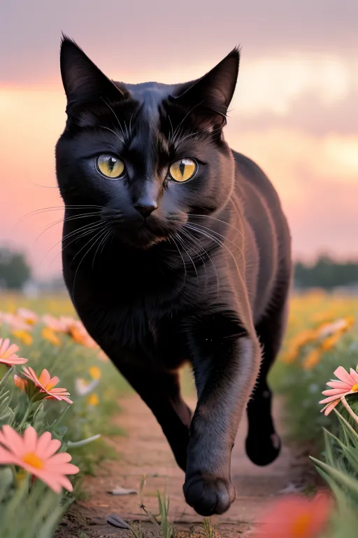 Um gato preto está caminhando por um caminho de pedra em um campo de flores. O gato está no meio do passo, sua pata dianteira esquerda está fora do chão. O gato tem olhos amarelos bem abertos e está olhando para a câmera. As flores de ambos os lados do caminho são rosa e brancas. O fundo é um pôr do sol desfocado em tons de rosa, laranja e amarelo.