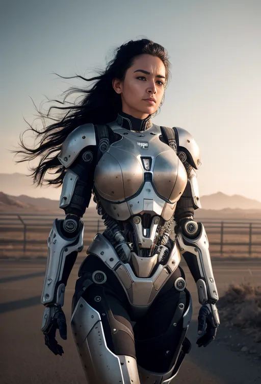 The image shows a woman wearing a futuristic exoskeleton suit. The suit is made of metal and has a silver finish. The woman has long black hair and brown eyes. She is standing in a desert landscape, with mountains in the background. The sun is setting, and the sky is a gradient of orange and yellow.