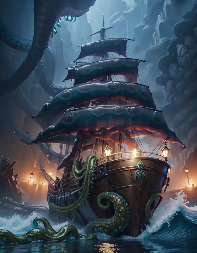 The image is a digital painting of a pirate ship sailing through a dark and stormy sea. The ship is being attacked by a giant octopus. The octopus has wrapped its tentacles around the ship's hull and is trying to pull it under the water. The ship's crew is fighting back, but they are outnumbered and outgunned. The painting is full of action and suspense. The viewer is left wondering whether the ship's crew will be able to survive.