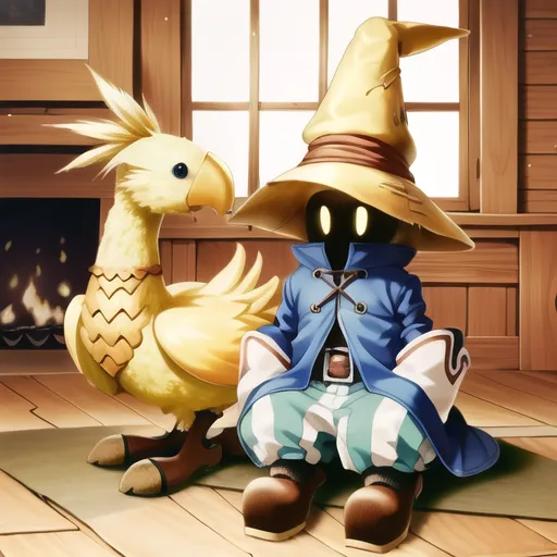 The image shows a Moogle, a yellow creature with a beak and wings, and a Chocobo, a yellow bird-like creature, from the Final Fantasy video game series. They are sitting in a room with wooden walls and a fireplace. The Moogle is wearing a blue robe and a yellow hat, and the Chocobo is wearing a brown saddle. The Moogle is looking at the Chocobo with a curious expression, and the Chocobo is looking back at the Moogle with a friendly expression.