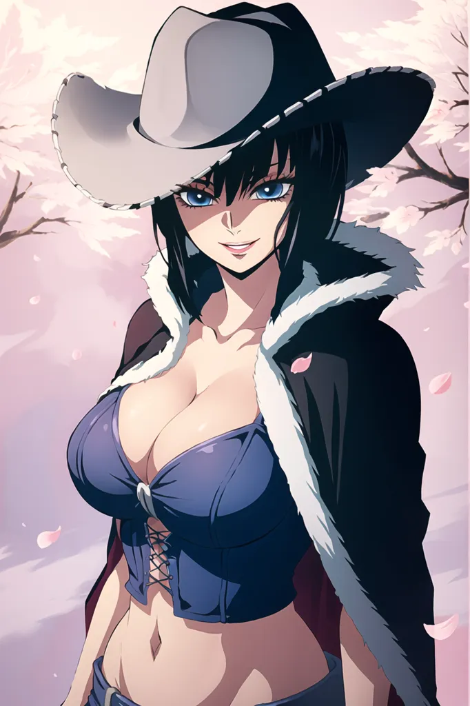 The image shows a woman with long black hair, blue eyes, and a large chest. She is wearing a black cowboy hat, a blue corset, and a white fur coat. She has a confident smile on her face and is looking at the viewer. There are cherry blossom petals falling around her.