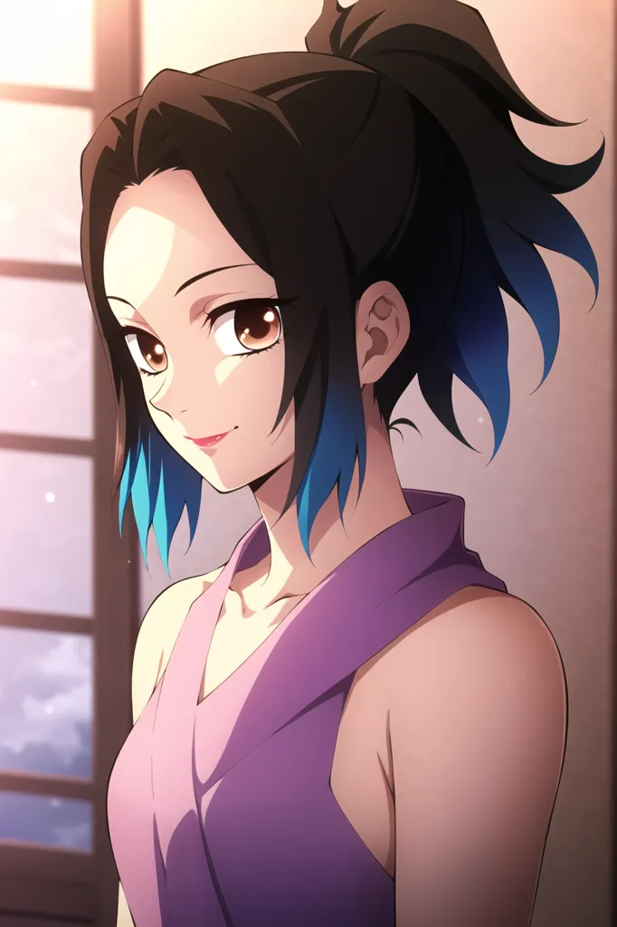 The image shows a young woman with long black hair and blue tips. Her hair is tied in a ponytail. She is wearing a purple sleeveless kimono. She has a gentle smile on her face. She is standing in a traditional Japanese house.