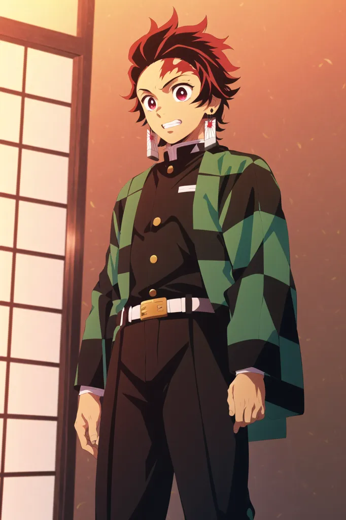 Esta imagem mostra Tanjiro Kamado da série de anime "Kimetsu no Yaiba" (também conhecida como "Demon Slayer"). Ele está em pé em frente a uma casa tradicional japonesa. Ele está usando um uniforme gakuran preto com um cinto branco e um haori verde com um padrão xadrez. Ele também está usando um par de brincos de hanafuda. Seu cabelo é vermelho e seus olhos são de um vermelho brilhante. Ele tem uma expressão determinada no rosto.