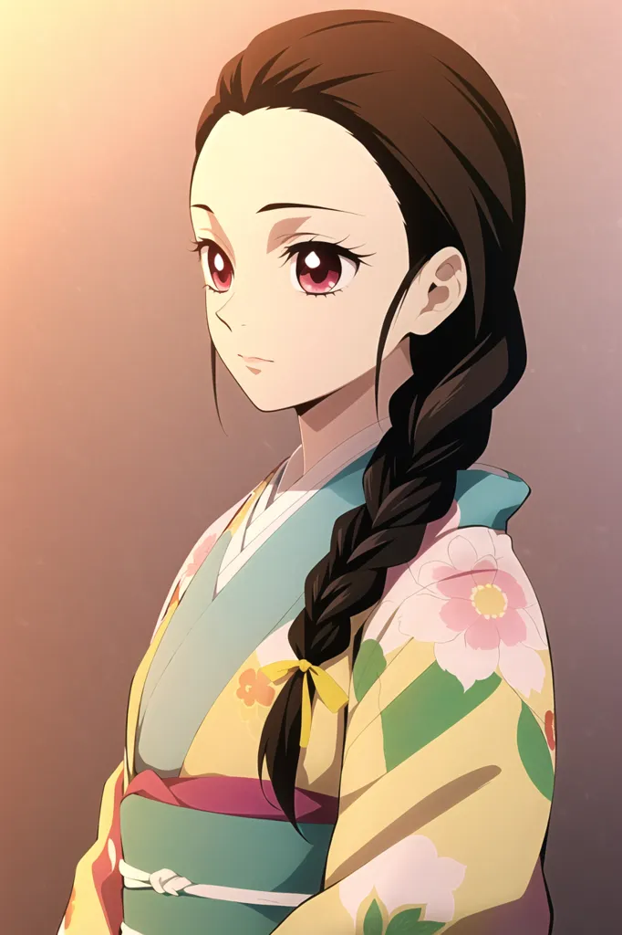 The image shows a young woman with long black hair and red eyes. She is wearing a traditional Japanese kimono with a floral pattern and a yellow obi. Her hair is braided and tied with a yellow ribbon. She has a gentle smile on her face. The background is a soft, warm color.