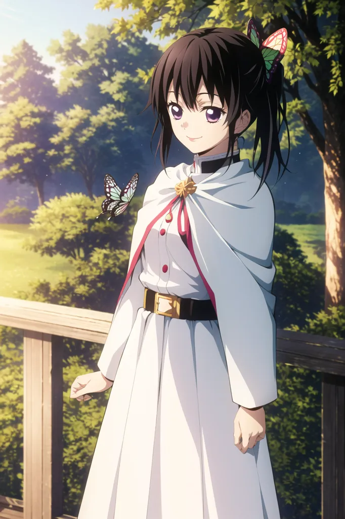 The image contains a young girl with long black hair and purple eyes. She is wearing a white dress with a pink sash and a white cape with a red collar. There are two butterflies near her, one on her shoulder and one flying in front of her. The background is a forest with green trees and a blue sky.