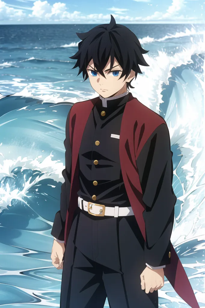 The image shows a young man standing on the beach. He is wearing a black and red gakuran, a white haori, and a black belt. He has black hair and blue eyes. He is looking at the ocean with a serious expression on his face. The waves are crashing against the shore behind him.