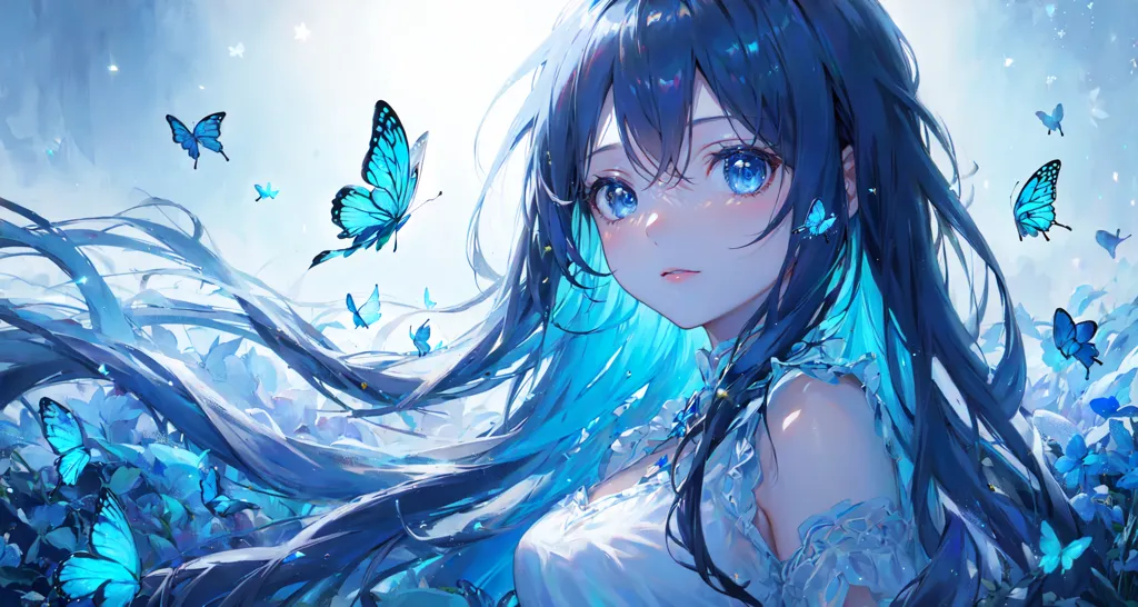 This is an image of a girl with long blue hair and blue eyes. She is wearing a white dress with a blue sash. There are blue flowers in the background and blue butterflies flying around her. The girl is looking at the viewer with a gentle smile on her face.