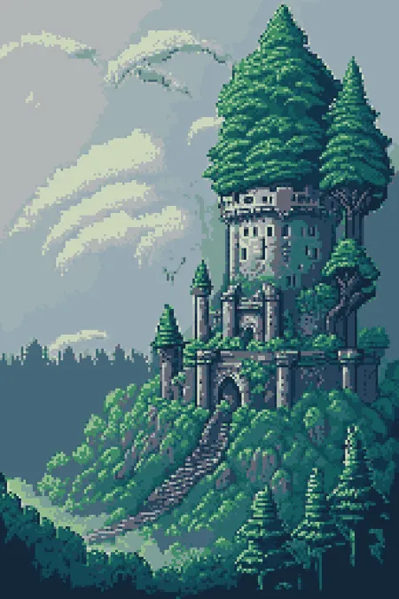 A imagem é uma arte de pixel de um castelo em uma colina. O castelo é feito de pedra cinza e tem quatro torres. As duas torres da frente são coroadas com telhados cônicos verdes, enquanto as duas torres de trás são coroadas com cúpulas em forma de cebola verdes. O castelo é cercado por uma floresta de árvores verdes. Há um caminho que leva até o castelo a partir da base da colina. O céu é azul e há algumas nuvens no céu.