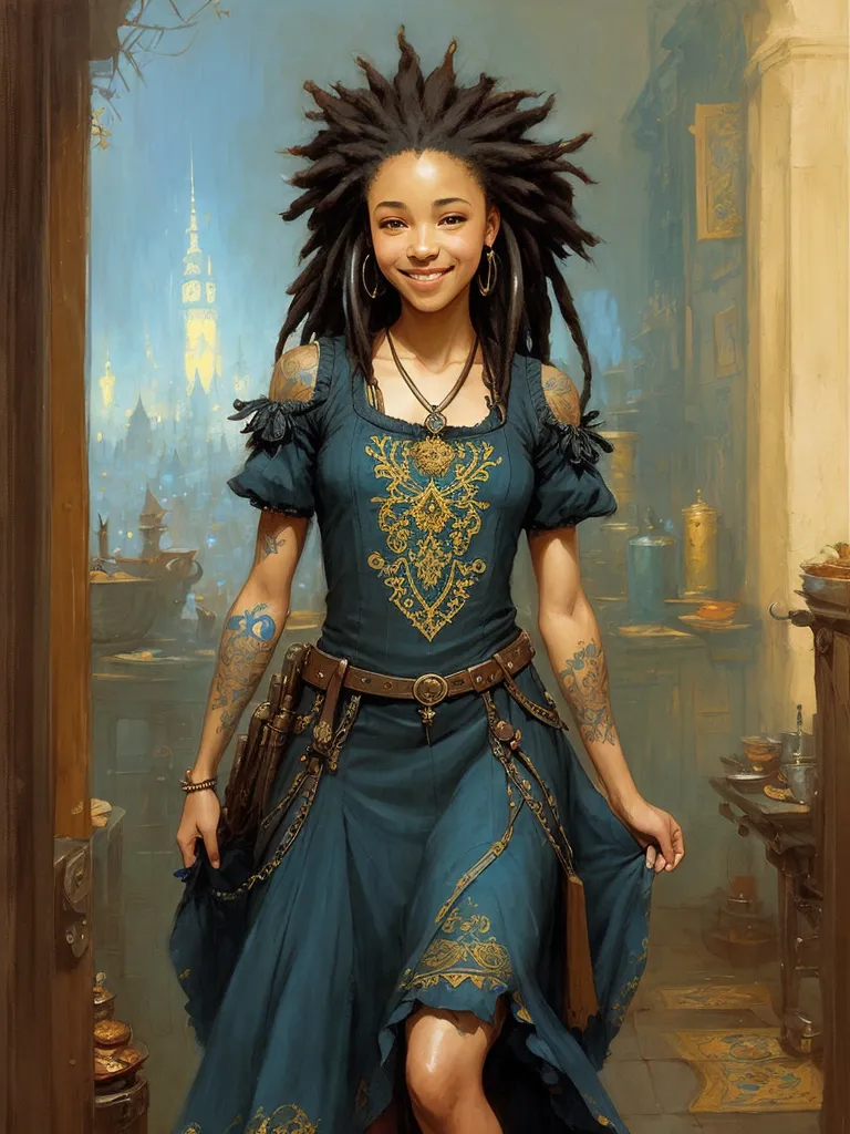 The image is of a young woman with dark brown skin and green eyes. She is wearing a blue dress with gold trim and has a belt with a pouch on her right hip. She is also wearing a necklace and has tattoos on her arms. Her hair is styled in dreadlocks and she has a warm smile on her face. She is standing in a room with a large window in the background.