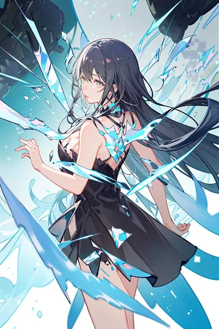 L'image est une illustration de style anime d'une jeune femme aux longs cheveux noirs et aux yeux bleus. Elle porte une robe noire avec un dos dévoilé et des éclats de cristal bleu incrustés dans sa peau. Elle se tient dans un champ de fleurs bleues, avec un grand cristal bleu derrière elle. L'arrière-plan est un dégradé de bleu et de blanc, avec quelques nuages dans le ciel. La femme regarde le spectateur avec une expression triste sur le visage.