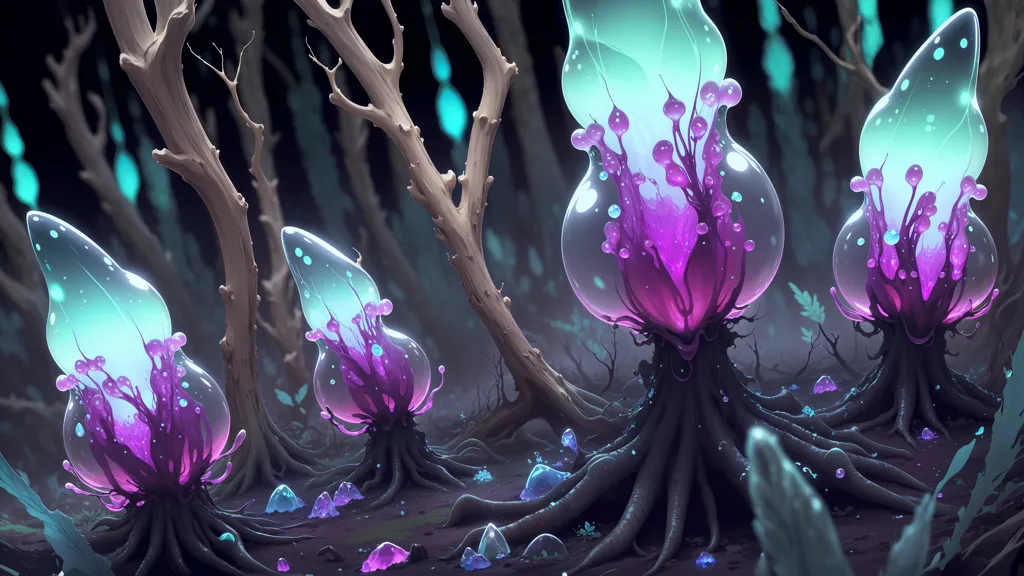 The image is a dark forest with glowing plants. The plants are mostly purple and blue and they are shaped like flowers. The forest is dark and mysterious, and the glowing plants add a touch of magic.