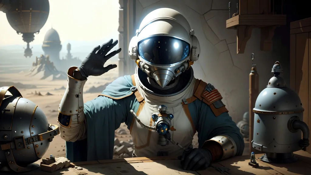 The image shows an astronaut sitting at a table in a room. The astronaut is wearing a white and blue spacesuit with a clear bubble helmet. They are also wearing a black glove on their right hand. The room is made of stone and has a large window looking out onto a desert landscape. There is a table in the middle of the room with a computer and some other objects on it. The astronaut is sitting in a chair at the table. They have their right hand raised in the air, as if they are waving. There is a small robot standing on the table in front of the astronaut. The robot is made of metal and has a screen on its front. The astronaut is looking at the robot.