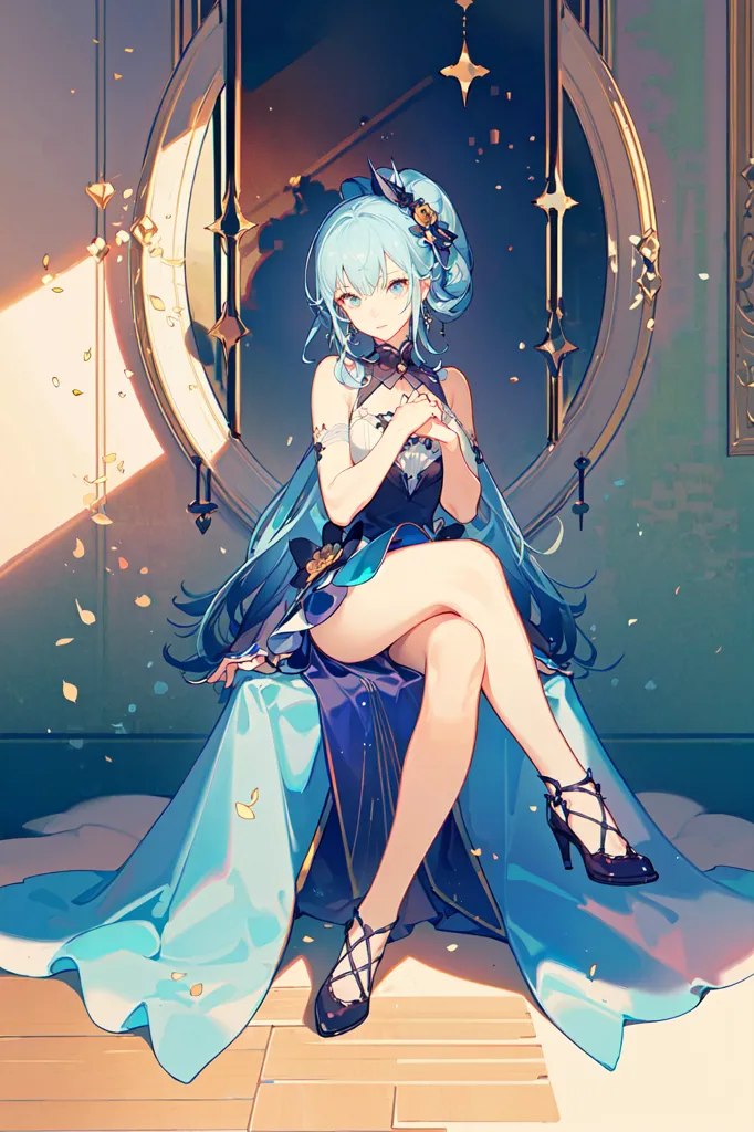 The picture shows a beautiful anime girl with long blue hair sitting on a chair. She wears a blue and white dress with a long slit on one side, showing off her long legs. She is also wearing black high heels. The girl is sitting in front of a mirror, and there are several gold decorations on the wall behind her. The overall color tone of the picture is blue, which makes the girl look very elegant and cool.