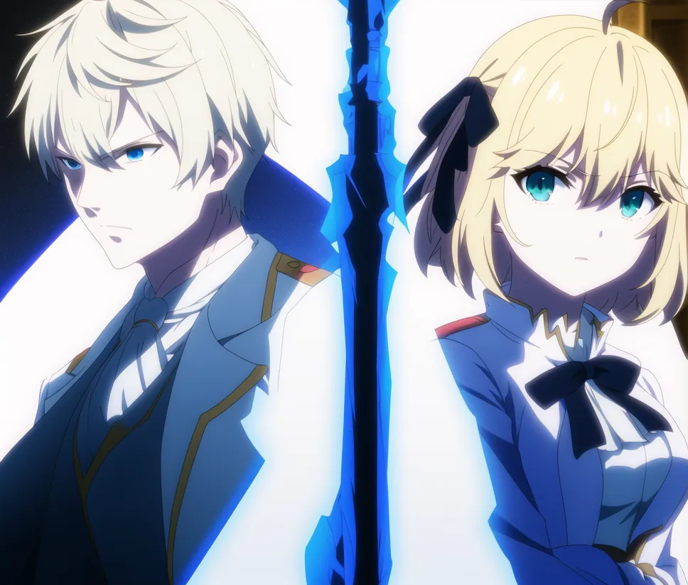 This is an image of two anime characters, a boy and a girl, standing back to back. The boy has blond hair and blue eyes, and he is wearing a white military uniform. The girl has light yellow hair and green eyes, and she is wearing a white dress with a black bow. They are both looking to the left of the screen. There is a blue glowing sword between them.