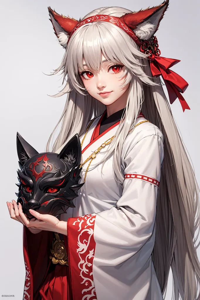 The image is of a beautiful anime girl with long white hair and red eyes. She is wearing a traditional Japanese kimono with a red and white pattern. She has a fox mask in her hand. The background is a blur of white and grey.