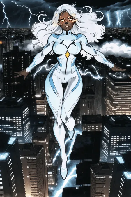 The image is of a black woman with long white hair. She is wearing a white and light blue superhero costume. She is flying in the air with her arms outstretched. There is a lightning storm in the background.