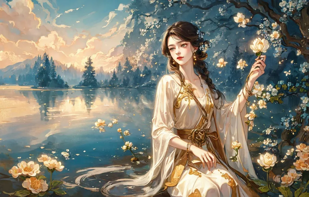 The picture shows a beautiful woman with long black hair sitting on a rock in a lake. She is wearing a white dress with a golden belt. The woman is holding a white flower in her right hand. There are lotus flowers in the lake and trees on the shore. The sky is blue with white clouds. The sun is shining brightly. The picture is very peaceful and relaxing.