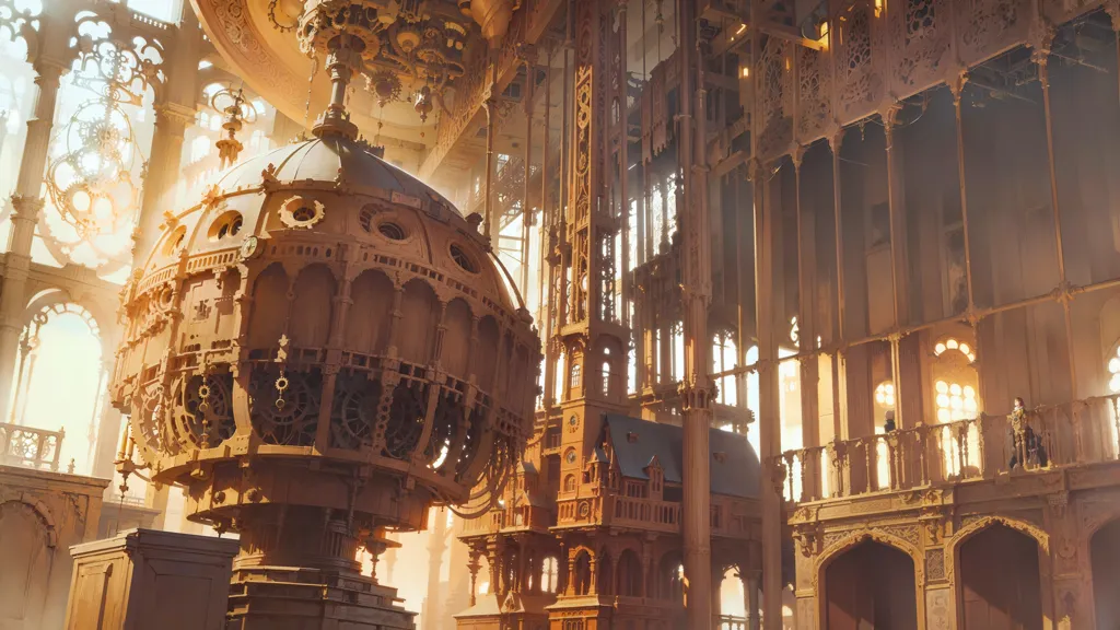 The image is a steampunk style rendering of a grand hall. The hall is filled with intricate machinery andampunk details. There is a large stained glass window at one end of the hall, and a balcony at the other end. The balcony is lined with ornate columns, and there is a large clock above the stained glass window. There are several people standing in the hall, all of whom are wearing steampunk style clothing.