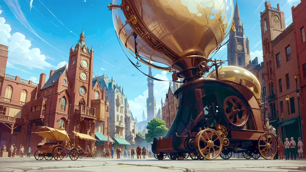 The image is a steampunk city street with a large clockwork vehicle in the foreground. The vehicle is a large, ornate globe with a clock on the front and a variety of gears and machinery visible on the sides. It is being pulled by a large, clockwork horse. The street is lined with tall buildings, many of which have clocks on them. There are people walking around on the street, all of whom are wearing steampunk clothing. The sky is blue, and there are clouds in the distance.