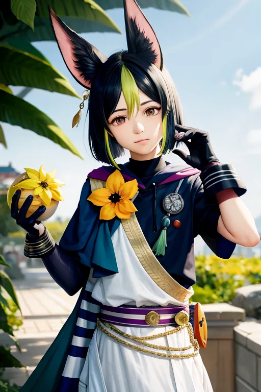 The image is of a young woman with cat ears and a green and black bob. She is wearing a white shirt with a blue and purple sash and a blue cape. She has a yellow flower in her hair and is holding a yellow flower in her hand. She is standing in a garden with a wall in the background.