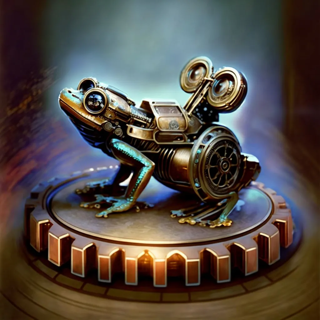 The image is a steampunk frog. It is made of metal and has a clockwork mechanism inside. It is sitting on a platform that is decorated with gears. The frog is looking to the left of the viewer. It has a large gear on its back and a smaller gear on its head. It also has a crank on its side. The image is in a dark background.