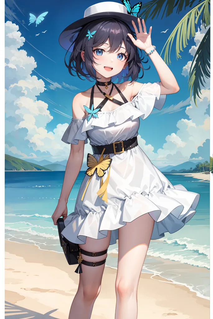 The image shows an anime girl with a white hat and a white dress with a yellow butterfly pattern and a blue butterfly on the waist. She has a black bag with a white strap. She is standing on a beach with the ocean behind her and palm trees to her right. She is smiling and has her left hand raised to her hat. She has a butterfly in her hair and a bracelet on her right wrist.