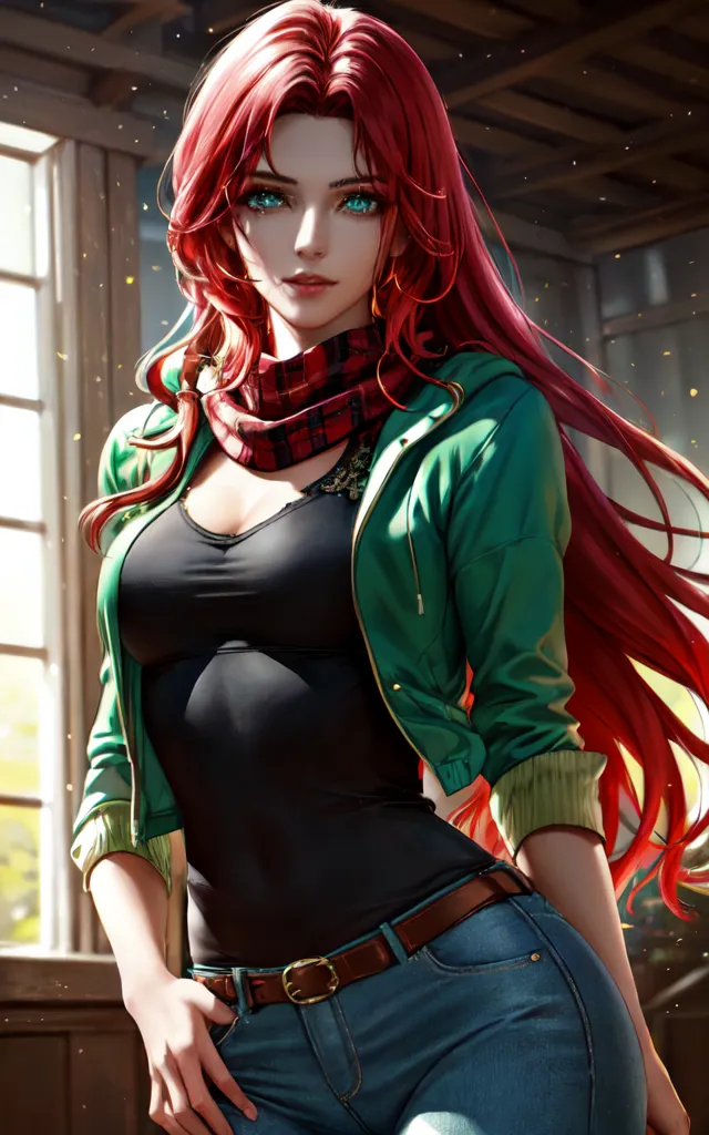 The image is a portrait of a beautiful young woman with long red hair and blue eyes. She is wearing a black tank top, a green jacket, and blue jeans. She has a red scarf around her neck and a belt around her waist. She is standing in front of a window, and the light from the window is shining on her hair and skin. She has a soft smile on her face, and she looks like she is lost in thought.