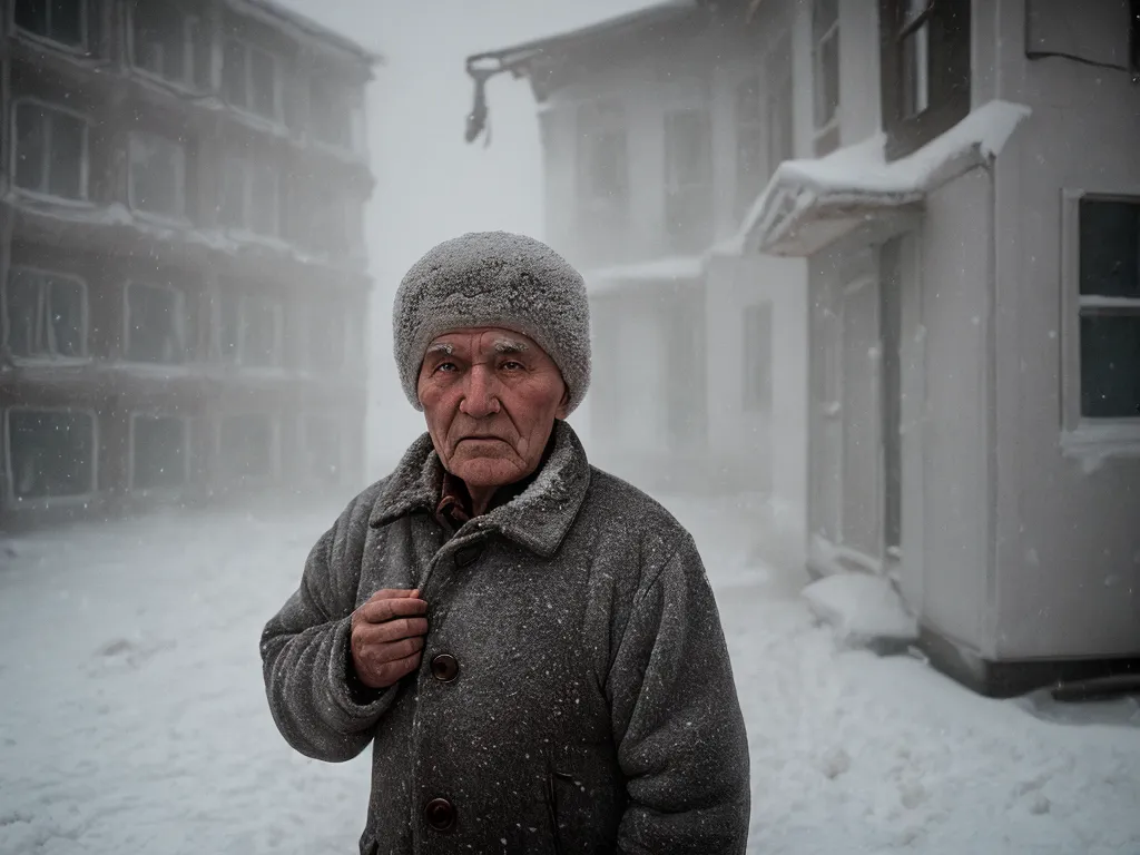 The image shows an elderly man wearing a fur hat and a gray coat standing in a snowy street. The man's face is weathered and wrinkled, and he has a sad expression on his face. He is wearing a thick coat and a fur hat to protect himself from the cold. The background of the image is a blur of snow-covered buildings. The image is a portrait of a man who has lived a hard life.