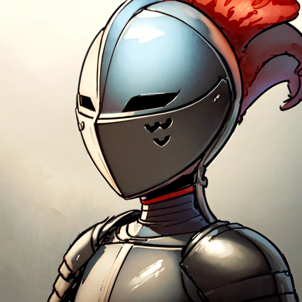 This is a picture of a knight wearing a helmet with a red plume. The knight's armor is grey and red and has a smiley face on the front.